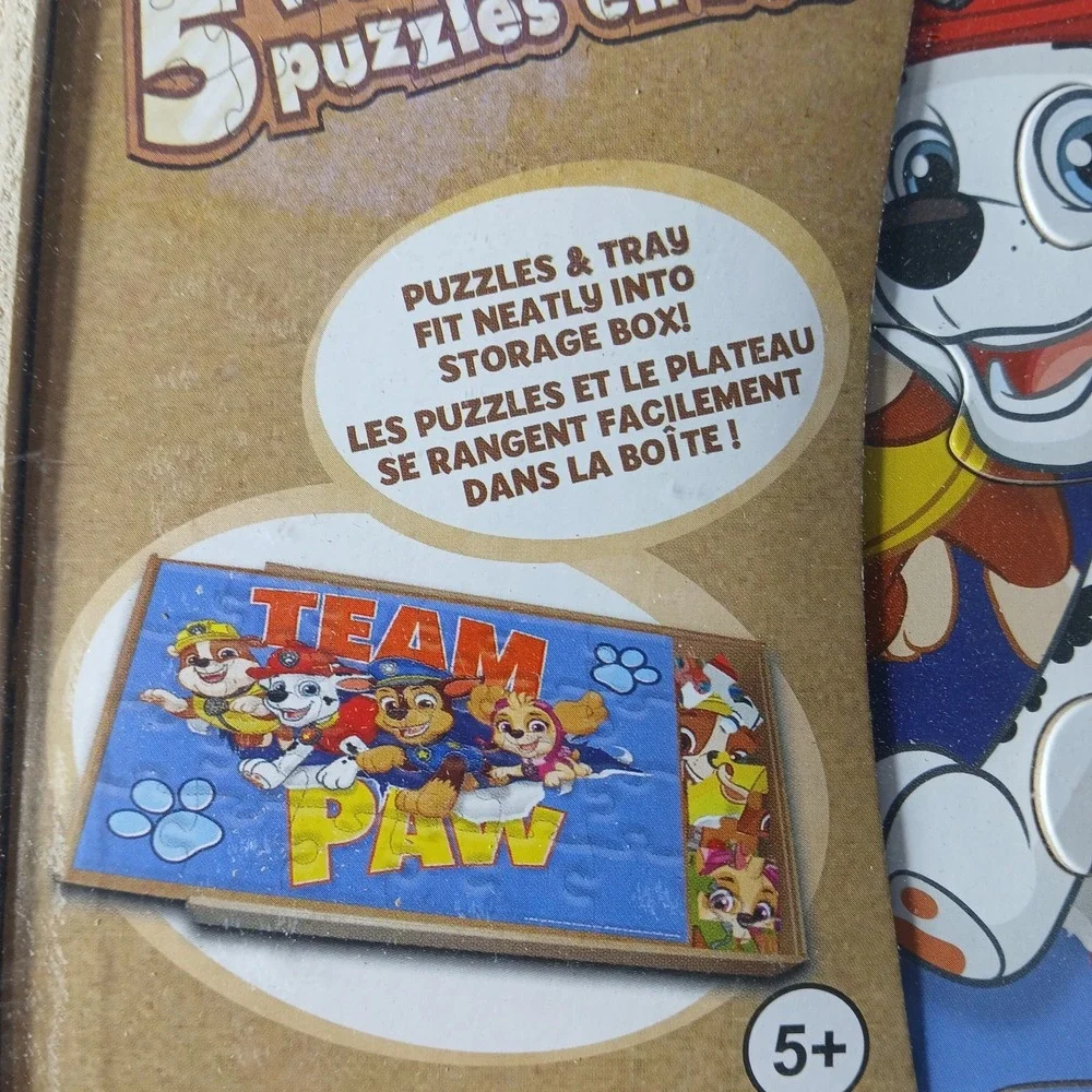 Paw Patrol Set of 5 Wood Puzzles in Wooden Storage Box Ages 3+ New